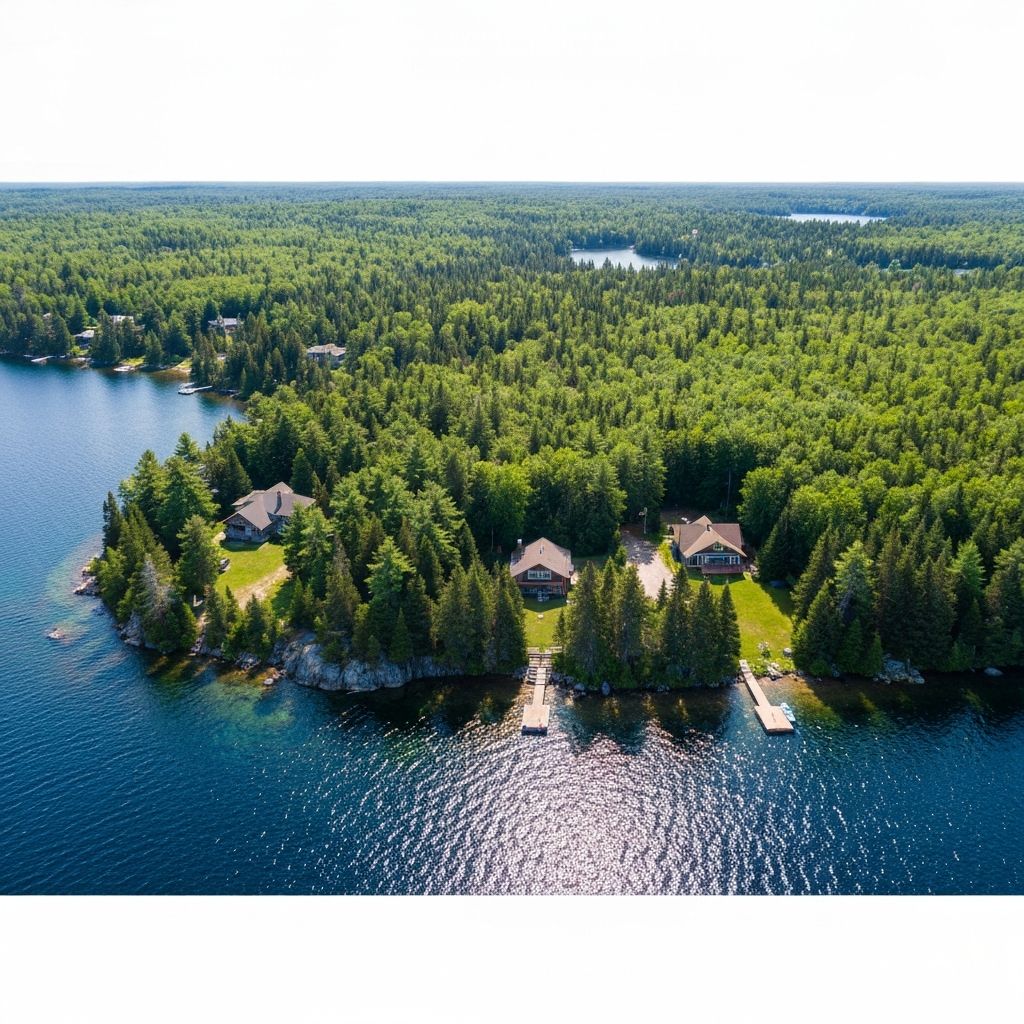 Aerial view of Muskoka lakes and forests