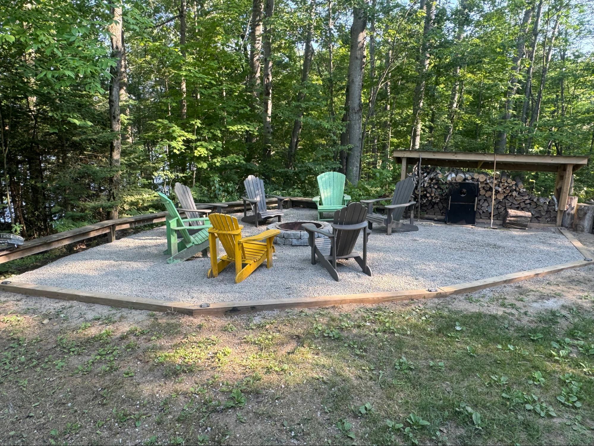 Fire pit area with gravel pad and Muskoka chairs